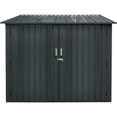 a metal storage shed with two doors open