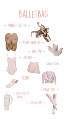 ballet shoes and their names on a white background with pink text that says ballet bag