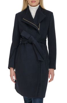 Layer up for colder weather without compromising on refinement in this softly tailored wrap coat cut from a sumptuously soft wool blend. 39" length (size 8) Asymmetric zip closure Drape collar Front welt pockets Removable tie belt Lined 77% wool, 23% rayon Dry clean Imported Chic Asymmetrical Outerwear For Business, Chic Asymmetrical Business Outerwear, Tailored Asymmetrical Fall Outerwear, Formal Winter Outerwear With Zipper Closure, Elegant Fall Outerwear With Zipper Closure, Asymmetrical Formal Outerwear For Fall, Asymmetrical Formal Fall Outerwear, Formal Asymmetrical Fall Outerwear, Asymmetrical Winter Office Outerwear