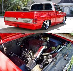 an old red car with its hood up and the engine in it's trunk