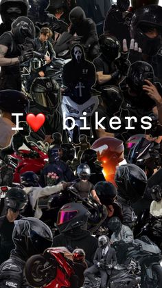 a collage of people wearing helmets and riding motorcycles with the words i love bikes