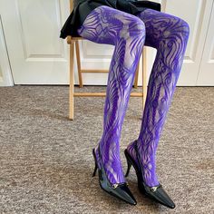 - Purple fishnet tights with Floral patterns  - Coloured Patterned Tights - Shipped from England - Comfort and Stretchy  - One Size (Fits UK 4-16) - Model is UK size 6-8 - Free Shipping across the UK, Ships Monday to Friday  - Message me for bundle discounts - #fishnets #tights #socks #y2k  #freeshipping Purple Stretch Thigh High Hosiery, Purple Stretch Hosiery For Party, Stretch Purple Hosiery For Party, Purple Tight Thigh High Hosiery, Purple Thigh High Tight Hosiery, Purple Party Hosiery, Purple Stretch Tights For Winter, Purple Tight Tights For Party, Tight Purple Tights For Party