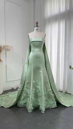 Sage Green Wedding Aesthetic, Outfit Claims, Sage Green Dresses, Arabic Evening Dress, Engagement Details, Evening Dress With Cape, 3d Leaves, Dubai Evening, Arabic Women