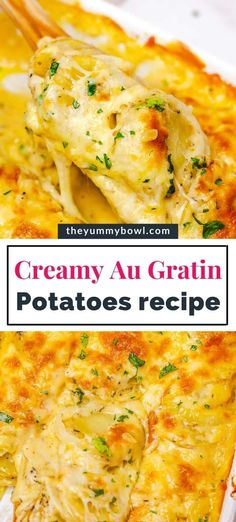 creamy au gratin potatoes recipe in a casserole dish with text overlay