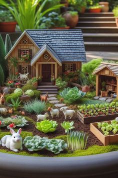 a miniature garden with animals and plants in it