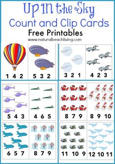 printable counting and clip cards for children to practice numbers 1 - 10, including hot air balloons