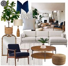 a living room filled with furniture and decor in shades of blue, white and beige