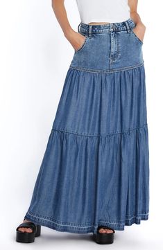 Wash Lab Denim Contrast Tiered Denim Maxi Skirt | Nordstrom Maxi Skirt Pattern, Crochet Maxi Skirt, Denim Skirt Outfits, Denim Maxi, Crochet Maxi, Denim Crafts, Denim Maxi Skirt, Upcycled Fashion, Crochet Skirt