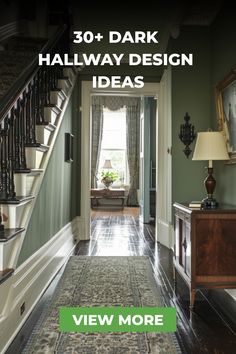 Vintage Charm in a Traditional Hallway: Dark Wooden Staircase, Patterned Runner, Antique Mirror, Console Table, and Soft Green Walls Green And Gold Hallway, Dark Green Staircase, Dark Foyer Paint Entryway, Olive Hallway, Moody Staircase, Green Hallways, Dark Green Hallway, Victorian Hallways, Deep Green Walls