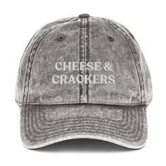 Gray cheese and crackers hat - Our Cheese & Crackers Hat is made of comfortable cotton and expertly embroidered just for you. It's a classic dad hat that's perfect for everyday streetwear that will have people asking "Where'd you get that hat?" Make a statement in this funny foodie dad hat. Foodie Outfit, Elegant Embroidery, Vintage Cap, Smiley Faces, Embroidered Hats, Dad Caps, Mode Vintage, Embroidery Details, Dad Hat