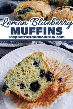 lemon blueberry muffins on a white plate with the title in the middle