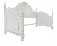 a white bed frame with an ornate headboard and foot board on the bottom side