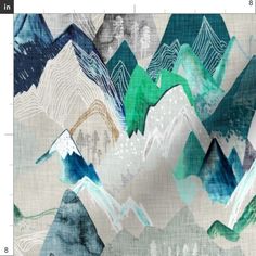 an abstract painting with mountains and clouds in blue, green, gray and white colors