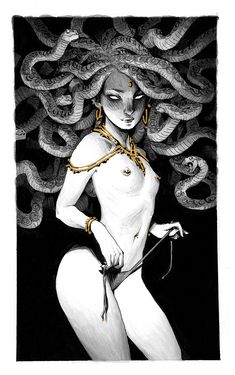 a black and white drawing of a naked woman with snakes on her head, holding a whip