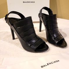 Balenciaga New Unused Noir Leather Sandals Size 36 Designer Slingback Heels With Buckle Closure, Designer Round Toe Sandals For Work, Designer Workwear Sandals With Round Toe, Designer Pointed Toe Sandals For Work, Office Leather Sandals With Heel Strap, Chic Office Sandals With Leather Sole, Designer Sandals For Spring Night Out, Designer Sandals For Night Out In Spring, Designer Leather Slingback Heels