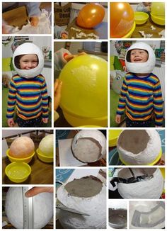 there is a collage of photos showing different stages of making a ball with paper machs