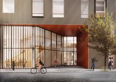 an artist's rendering of people walking and riding bikes in front of a building