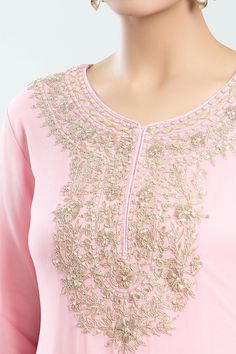 Light pink straight kurta with floral pittan embroidered yoke. Paired with coordinating pant and lace embroidered dupatta. - Aza Fashions Pink Kurta, Embroidered Dupatta, Straight Kurta, Embroidery Floral, Pants Pattern, Pant Set, Set For Women, Aza Fashion, Floral Embroidery