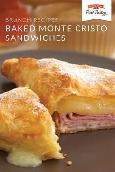 an advertisement for brunch recipes baked monte cristo sandwiches on a brown plate