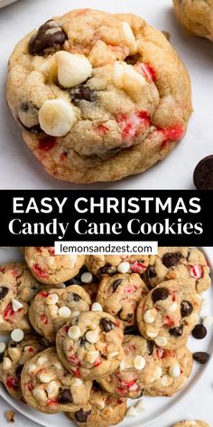 christmas candy cane cookies with chocolate chips and marshmallows in the middle on a white plate