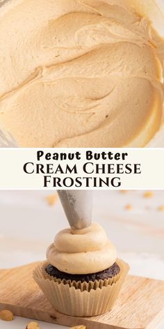 peanut butter cream cheese frosting is being drizzled on top of a cupcake