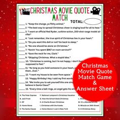 christmas movie quiz game and answer sheet with the words'christmas movie quote & answer sheet