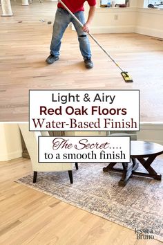 a young boy is cleaning the floor with a mop and red oak floors water - based finish