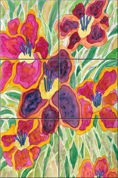 some colorful flowers are painted on tile