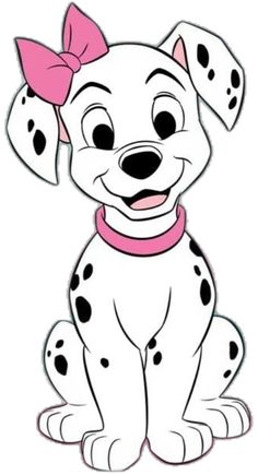 a dalmatian dog with a pink bow sitting down