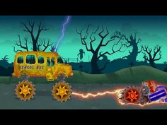 a yellow school bus driving down a road next to some trees and lightning strikes in the sky