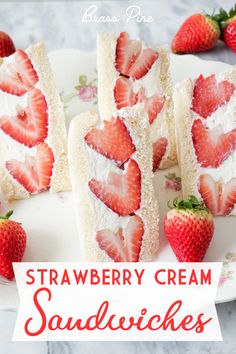 strawberry cream sandwiches on a white plate with strawberries around them and text overlay