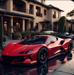 a red sports car is parked in front of a house on a wet street with cars behind it