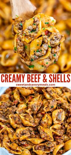 creamy beef and shells in a skillet with a wooden spoon over it, on top of