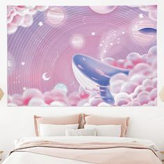 a bedroom scene with a whale in the clouds and planets on the wall above the bed