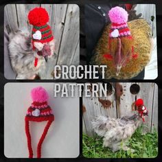 four pictures of different types of crochet hats with pom poms on them