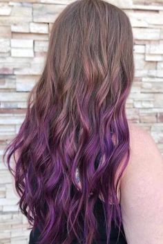 Ombre Hair Brown To Purple, Color Hair Tips Ideas, Vibrant Purple Hair Ombre, Brown And Purple Ombre Hair, Purple Hair Ends Brown, Brunette Hair With Purple Ends, Dyed Ends Of Hair Brunettes Purple, Brown To Purple Ombre Hair Straight, Purple Hair Dip Dye