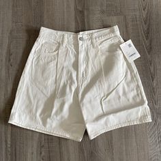 Oak + Fort Women's High Rise Relaxed Fit Lightweight Jean Shorts, Ecru, 28 Relaxed Fit. Wide Leg Cut. High-Rise Waist. Single Pleat On Each Leg. Side Pockets. 7" Inseam 100% Organic Cotton Oak Fort, Oak And Fort, Jean Shorts, Fort, Wide Leg, High Rise, Organic Cotton, Relaxed Fit, Womens Shorts