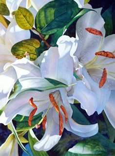 a painting of white flowers with green leaves