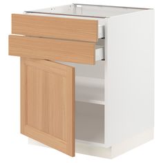 an open cabinet door on the side of a white kitchen cupboard with wooden doors and drawers