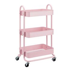 a pink trolley with two baskets on the bottom and one drawer in the middle, against a white background