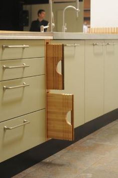 a cabinet door is open in a kitchen with a sink and countertop behind it