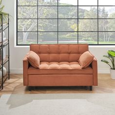 a couch sitting in front of a window next to a potted plant