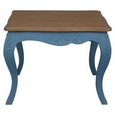 a small blue table with wooden top