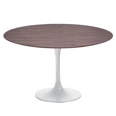 an oval dining table with a wooden top and white pedestal base, viewed from the front