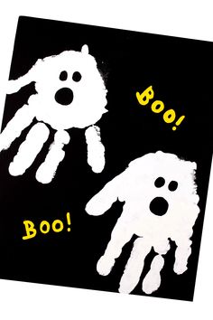 two handprints with the words boo and poo written in yellow on black