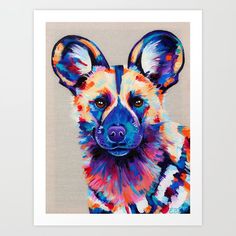 a colorful painting of a dog's face on a gray background with white frame