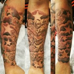 three different views of a man's arm and leg with tattoos on the legs