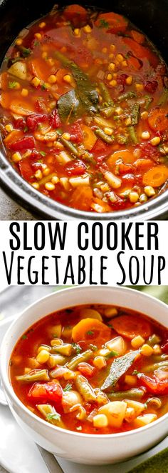 two bowls of slow cooker vegetable soup, one with vegetables and the other without