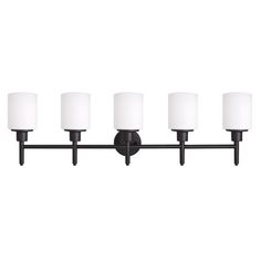 four light bathroom fixture with white shades on the top and bottom lights in black finish