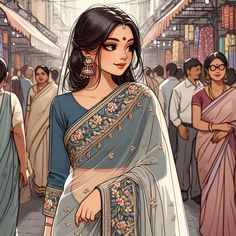 a woman in a sari is walking through a crowded area with many other people